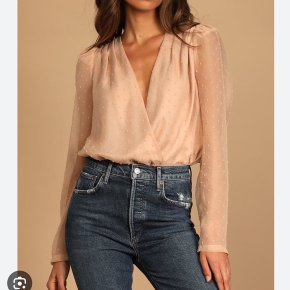 Lulus Dainty Bodysuit One Piece Shirt Sheer Lace  Swiss Dot - Picture 1 of 6